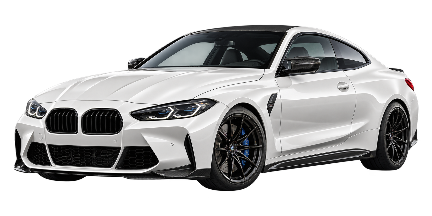 White performance coupe viewed from the front